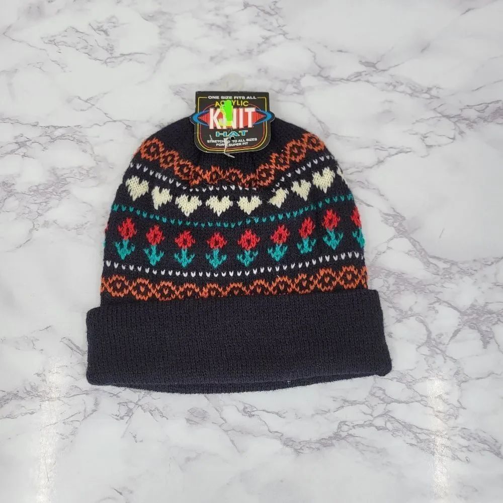 Vintage 90s Deadstock Beanie with Floral Faux Fair Isle Pattern Black NEW